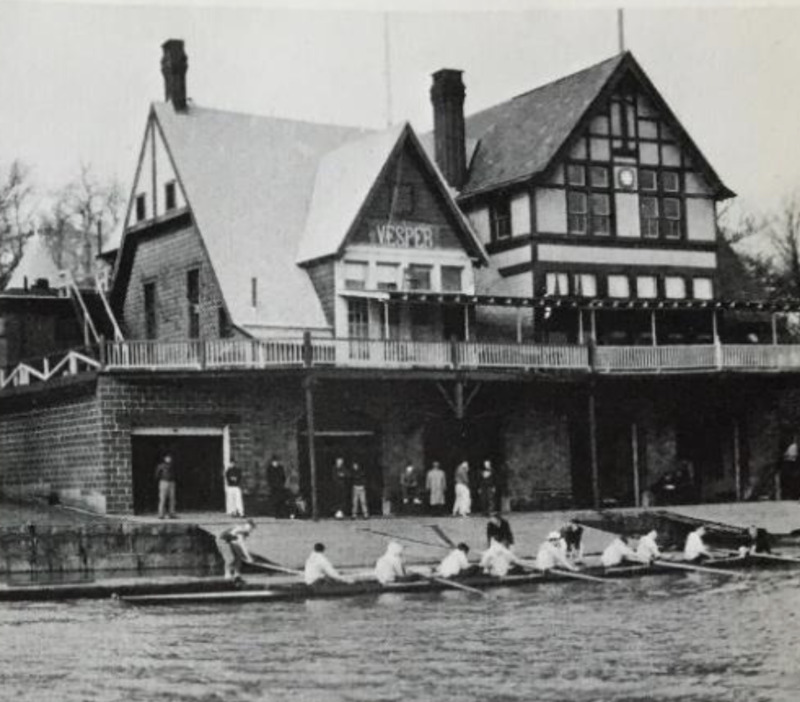 In 1946 a crude cinder block singles bay was added with a roof deck. By this time the attic received windows and became the athlete bunkroom and columns had been added to support the previously cantilevered deck.